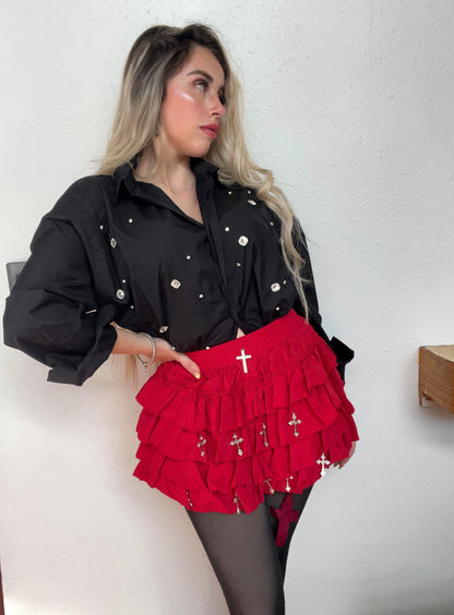 Mini Falda con Vuelos & Cruces Metálicas